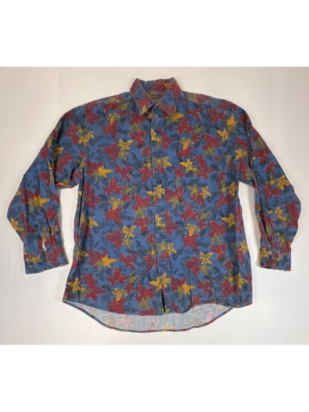 Vtg Wrangler Rugged Wear Mens Long Sleeve Button Up Shirt Blue Floral Print L